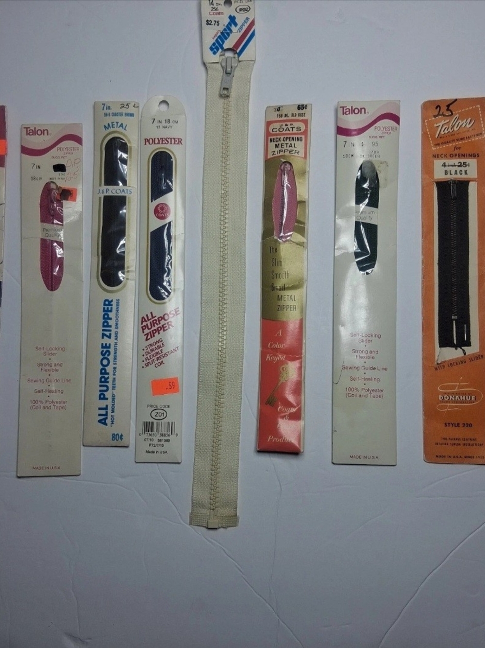 9 Vintage Talon J&P Coats Zippers Lot Metal Nylon NOS Sewing Ephemera 40s 50s